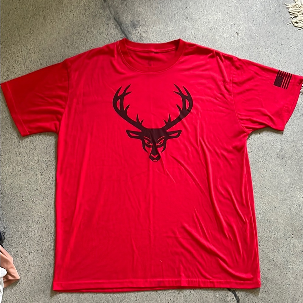 Red and Black Short Sleeve Tee with Deer Graphic